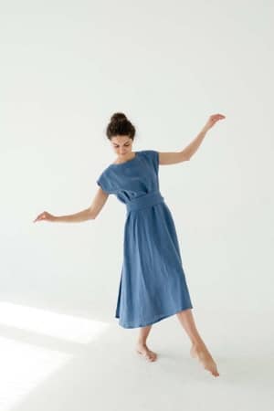 Short-Sleeve Belted Linen Dress
