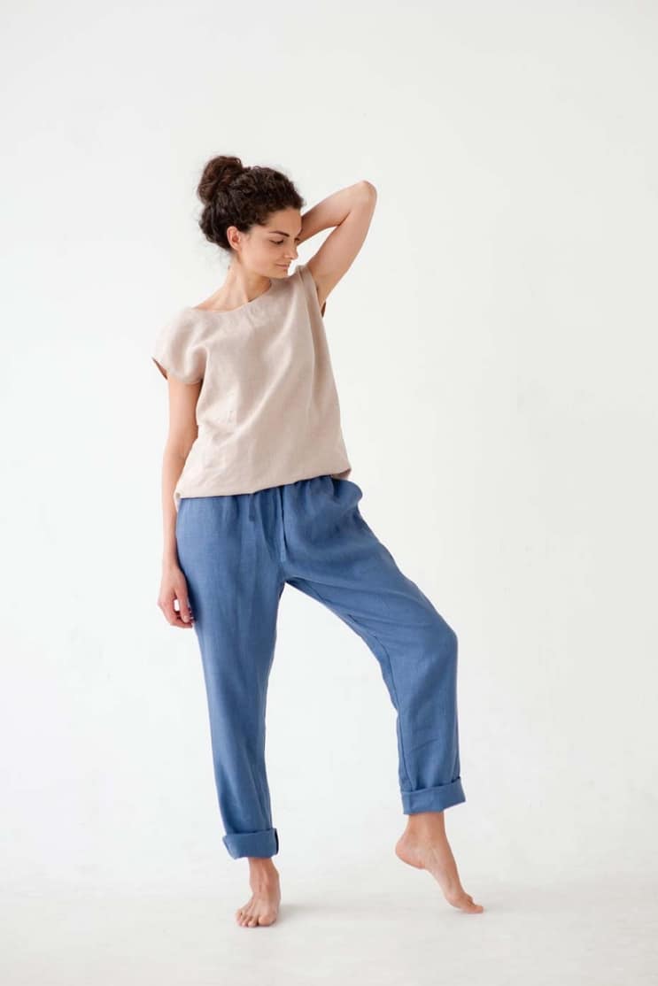 Relaxed linen trousers in denim blue